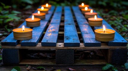 Candlelit Serenity on Rustic Pallet: A captivating display of glowing candles arranged meticulously on a weathered blue pallet, emanating warmth and tranquility amidst a verdant, natural backdrop.