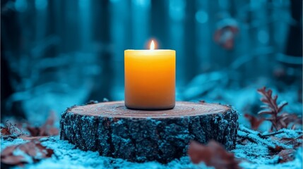 Burning Bright in the Woods: A warm, inviting candle flickers atop a weathered tree stump amidst a serene, dreamy forest backdrop. A symbol of peace, light.