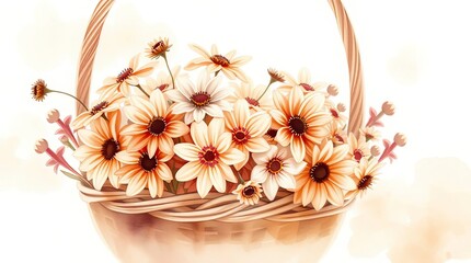 A watercolor painting of a basket of flowers in warm, soft light, evoking a sunrise or sunset scene. The color palette includes delicate browns, beiges, and muted purples. The style is soft and dreamy