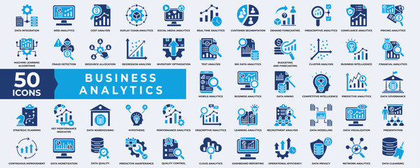 Business Analytics icon collection set. Containing Analytics, database, performance, management, business, process, quality, document, strategy, growth and report. Simple flat Vector illustration.