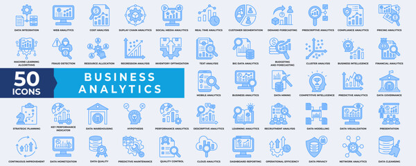 Business Analytics icon collection set. Containing Analytics, database, performance, management, business, process, quality, document, strategy, growth and report. Simple line Vector illustration.