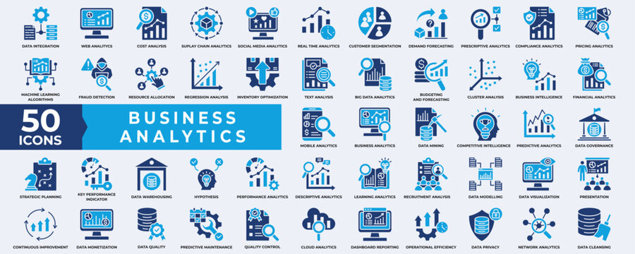 Business Analytics icon collection set. Containing Analytics, database, performance, management, business, process, quality, document, strategy, growth and report. Simple flat Vector illustration.