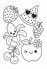 Cute Fruits Coloring Page: An adorable collection of fruits—strawberry, banana, watermelon, grapes, and apple—each with a cute, cartoonish face, ready for coloring.