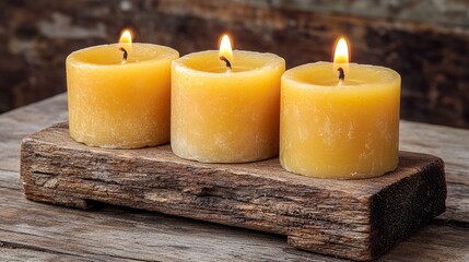 Three Candles Ablaze: Three pillar candles stand in a row on a rustic wooden base, casting a warm glow with their flickering flames, creating a sense of serenity and peace.