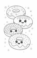Cute Donuts Coloring Page: Four adorable cartoon donuts with happy faces, various toppings, and sprinkled with stars, perfect for a coloring book or children's activity. 
