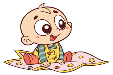 Vector cute Baby Boy cartoon character, with curious wide eyes and a happy giggle, wearing a yellow duck-themed bib and sitting on a soft blanket, in a cheerful, bright style, isolated on white backgr