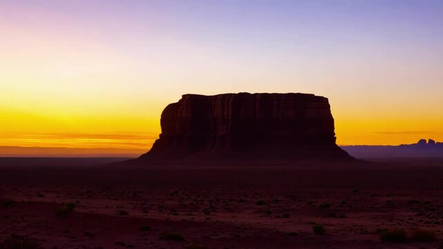 Desert mesa stands silhouetted against dramatic sunset sky with golden and purple hues transitioning from day to night creating spectacular southwestern landscape timelapse