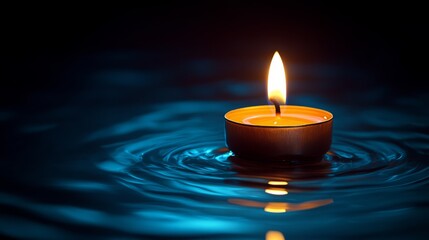 Burning Candle Amidst Ripples: A singular candle flame dances atop a pool of tranquil water, with gentle concentric ripples. The soft.