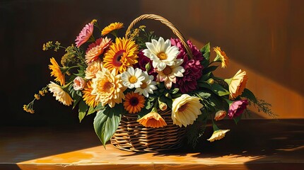 A basket filled with flowers, illuminated by warm autumnal light using contrasting chiaroscuro lighting to emphasize strong contrasts and deep shadows