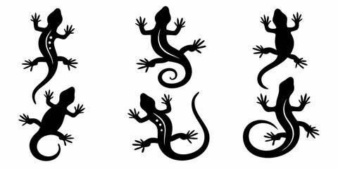 Silhouette illustration of six lizards with curled tails and textured bodies on a white background created with generated ai