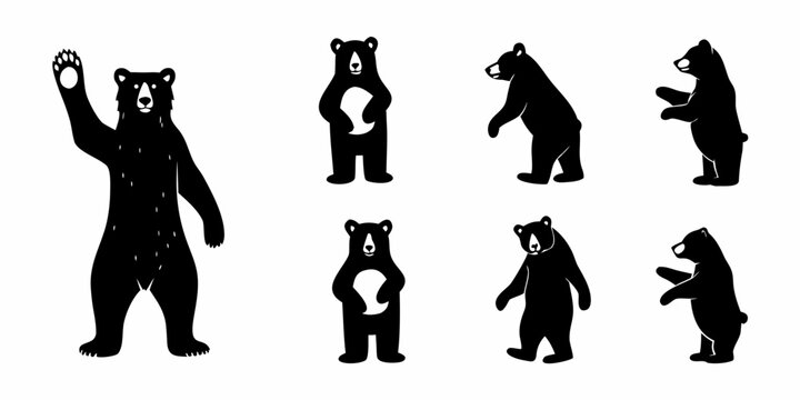 Black bear illustrations in various poses standing waving and holding a ball on a white background created with generated ai