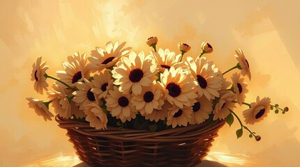 An impressionist painting of a basket of flowers bathed in warm golden light. The colors are dominated by browns and creams, with a focus on capturing the nuances of light and shadow.