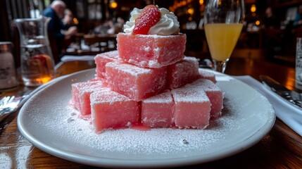 Watermelon Delight: A delectable arrangement of cubed watermelon topped with whipped cream and a fresh strawberry, artfully presented on a plate.
