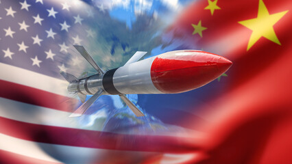 Military missile takes off into space. Flag of USA and China. Arms race of America and PRC concept....
