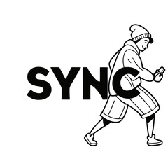 Person with phone and word sync text