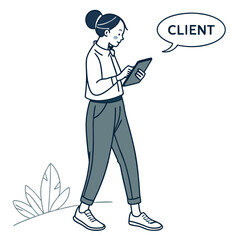 Person with tablet and speech bubble client walking
