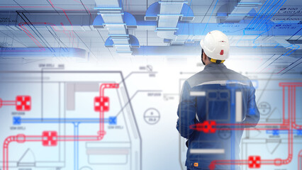 Man designer ventilation communications. Engineer examines pipes for air circulation. Foreman...