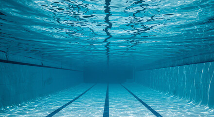 Underwater view of a swimming pool, showing lines and reflections.