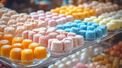 Sweet Temptations: An array of colorful gummy candies and delectable sweets artfully arranged, a feast for the eyes and a promise of sugary delight.
