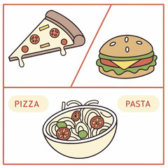 Pizza burger pasta with tomato and basil slice cheese