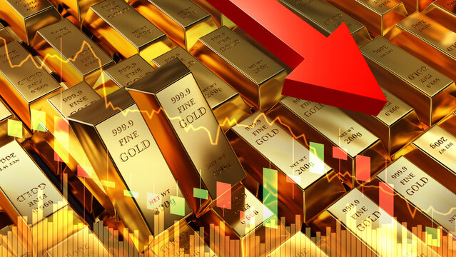 Gold price falls. Down arrow metaphor for gold investor crisis. Golden bars with falls financial quotes. Concept of losing money after investing in gold. Golden reserve background. 3d image