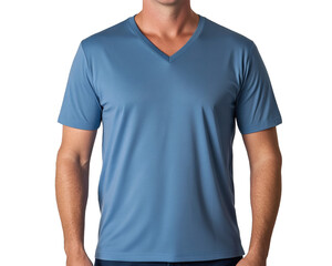 Obraz premium A man is showcasing a comfortable blue V-neck T-shirt in a studio setting, ideal for fashion catalogs