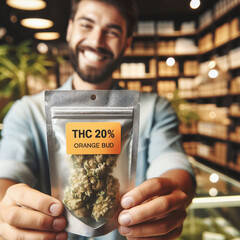 Participant in a cannabis pilot program, presents a sample of marijuana in a sealed, labeled pouch that indicates the THC content. professional dispensary. regulated approach. Access. Generative AI