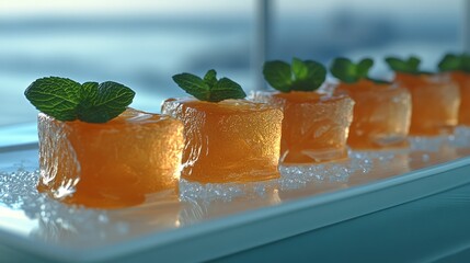 Citrus Delights: A visually stunning display of artistic culinary creation. Delicate citrus jelly, adorned with fresh mint sprigs, sit gracefully on a modern white plate, an invitation to indulge