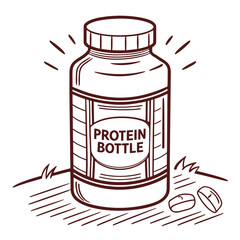 Protein bottle with pills on grass supplement fitness