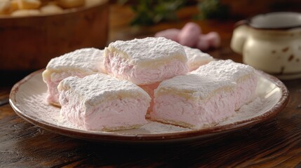 Rosewater Delight: A soft pink rosewater confection dusted with powdered sugar sits temptingly on a plate, offering a delicate balance of sweet and floral flavors.