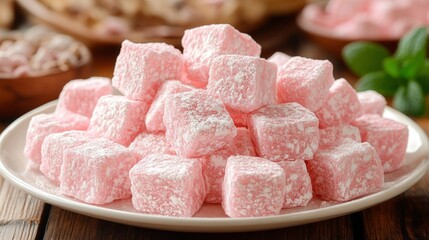 Pink Turkish Delight Cubes: Delicate pink Turkish delight cubes, dusted with powdered sugar, are artfully arranged on a white plate, creating a visually appealing and delicious image.