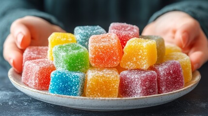 Gummy Delights: A vibrant, close-up view showcases an array of colorful gummy candies artistically arranged on a plate, held by a person, symbolizing the sweet joy of treats.