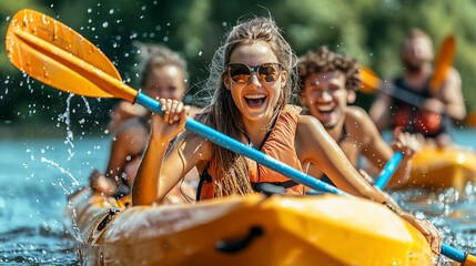 Smiling group kayaking on sunny water, having fun with paddles