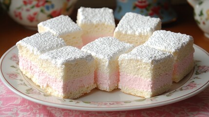 Sweet Delights: A visually appealing array of delectable, pastel-layered dessert squares sit elegantly atop a detailed plate, dusted with a delicate veil of powdered sugar.