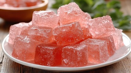 Appetizing Rose Gelatin Cubes: Close-up studio shot, showcasing a heap of rose-colored gelatin cubes, arranged on a white porcelain plate.