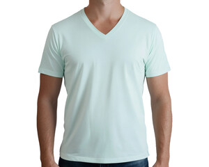 Man poses wearing a light green v-neck t-shirt against a transparent background, perfect for showcasing apparel or designs.
