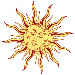 Stylized sun face with rays celestial solar