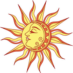 Stylized sun face with flame rays yellow orange