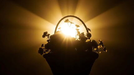 Silhouetted basket of flowers against a bright light source, cinematic lighting, dramatic backlighting, surreal and fantastical elements