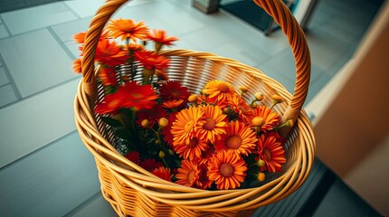 Warm-toned basket filled with flowers, reds, oranges, yellows, capturing motion blur or light trails