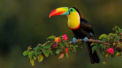 Vibrant toucan perched on flowering branch