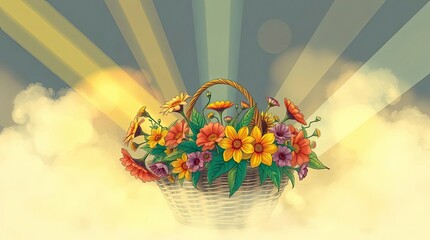 Volumetric lighting in a hand-drawn color sketchnote style depicts a basket of flowers. Light beams pierce dust or fog, creating a sense of depth