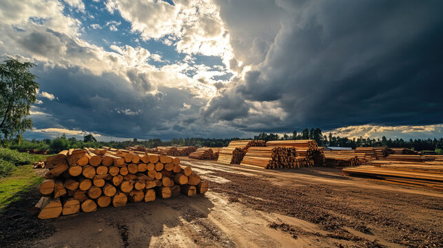 Sawmill with stacks of freshly cut timber under a cloudy sky