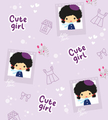 cute girl blue hand drawn seamless