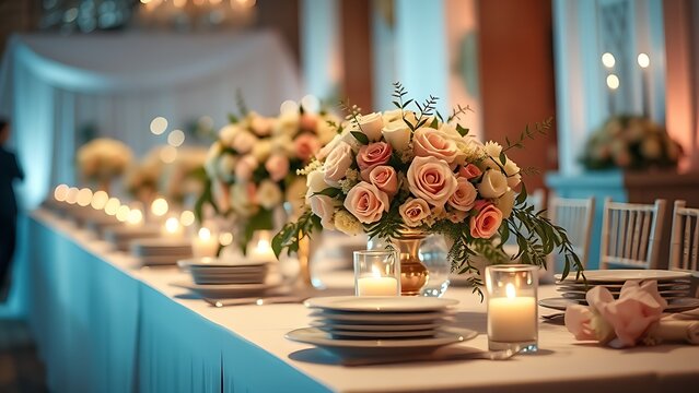 Elegant wedding buffet table with floral centerpiece in soft pastel tones.