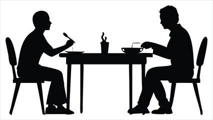 Two people silhouetted sitting at a table eating and drinking; Ideal for use in food service branding, dining-related infographics, restaurant websites, menu designs, hospitality marketing materials