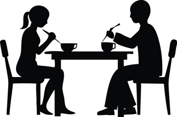 Silhouette of two people sitting at a table eating from bowls: Ideal for use in food service branding, dining-related infographics, restaurant websites, menu designs, hospitality marketing materials