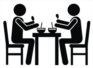 Silhouette of two people sitting at a table eating from bowls with spoons: Ideal for use in food service branding, dining-related infographics, restaurant websites, menu designs, hospitality marketing