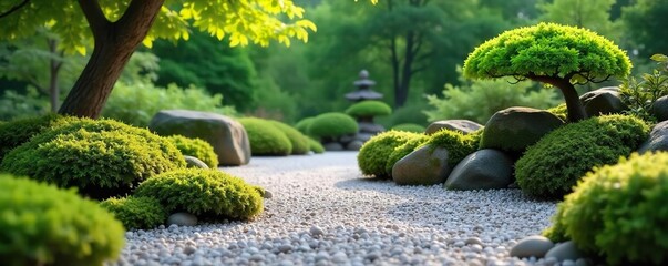 Tranquil Zen Garden Raked Gravel, Mossy Rocks, and Perfectly Pruned Shrubs - Peaceful Meditation Scene