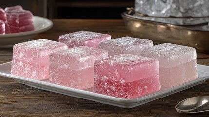 Rose Turkish Delight: A tempting array of rose-flavored Turkish Delight pieces, dusted with powdered sugar on a dish, presents a sweet treat that evokes nostalgic flavors.
